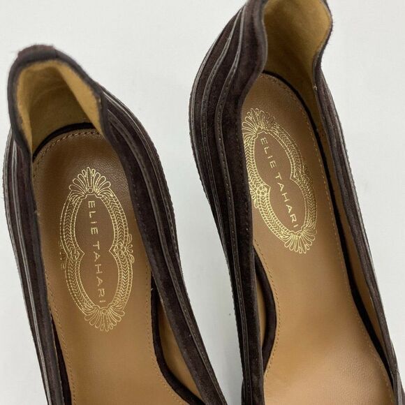 Elie Tahari Brown Suede Heels size 37.5 7.5 Peep t - Picture 3 of 6